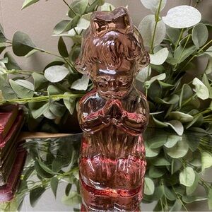 Vintage Viking Glass Praying Girl Paperweight Figurine Bookend Pink